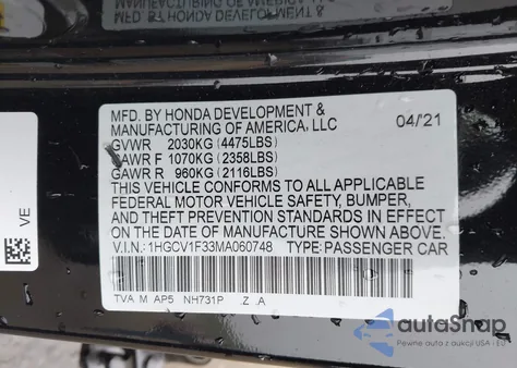 2021 Honda Accord Sport z USA, uszkodzony, nr VIN 1HGCV1F33MA060748